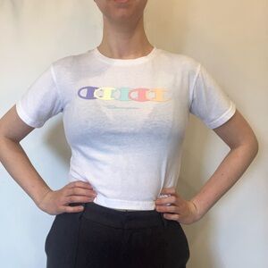 Champion Women's Multicolor Logo White Tee cotton blend in size small